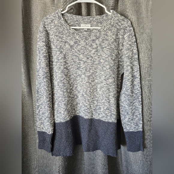 L.L. Bean Signature Sweater Slate Gray Color Block Cotton Linen Pullover Sz L - Picture 1 of 4